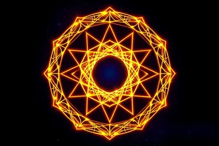 Intertwined golden threads forming an infinite loop, abstract conceptual art against indigo.