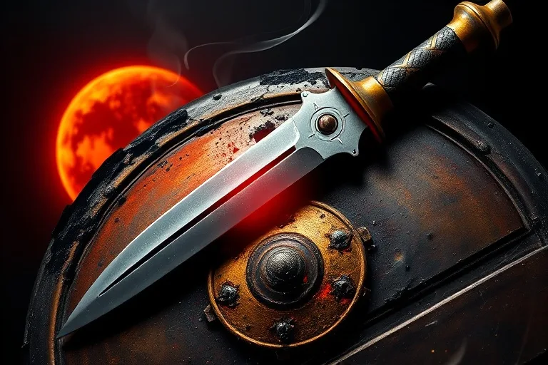 Ancient Roman gladius on a scorched shield, symbolizing conflict