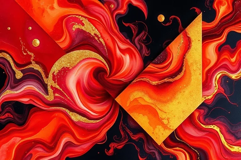 Abstract geometric shapes in crimson and orange, representing forceful motion