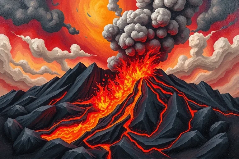 Abstract oil painting of a tumultuous volcanic landscape