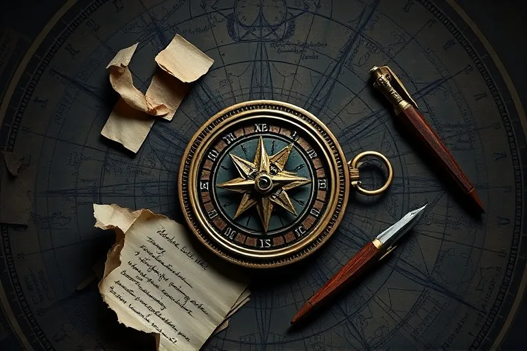 A weathered, antique compass lying open on a dark, textured map, surrounded by scattered, hand-written notes and a quill pen. Dramatic directional lighting from above, emphasizing shadows and textures. Focus on the compass needle pointing resolutely.