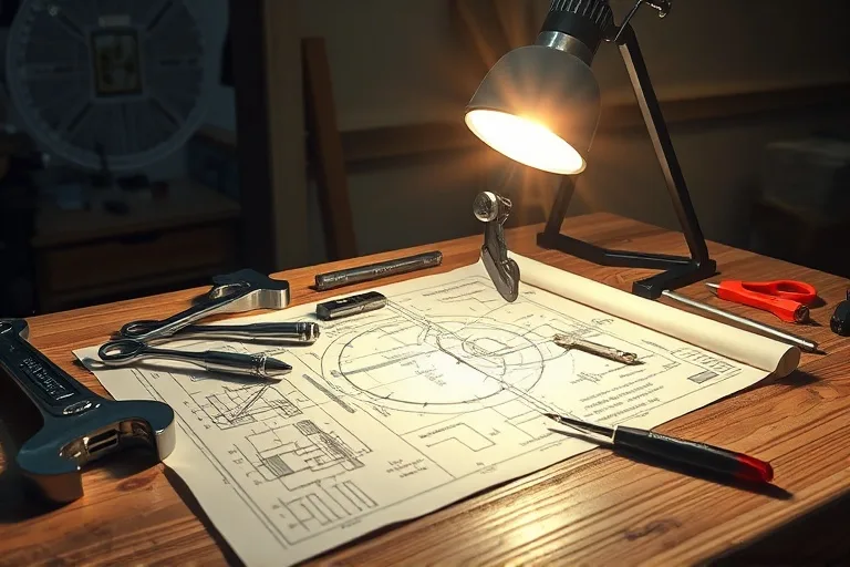 A meticulously organized workbench with various tools (e.g., wrench, hammer, screwdriver) arranged precisely. A blueprint or schematic is partially unrolled, illuminated by a focused task lamp. The scene conveys purposeful work and construction.