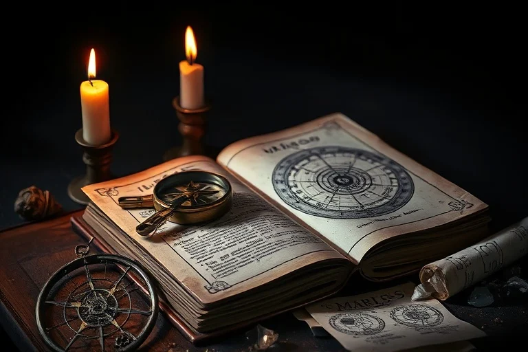 Cinematic still life of a vintage compass on an astrology book, surrounded by symbols, with a flickering candle.