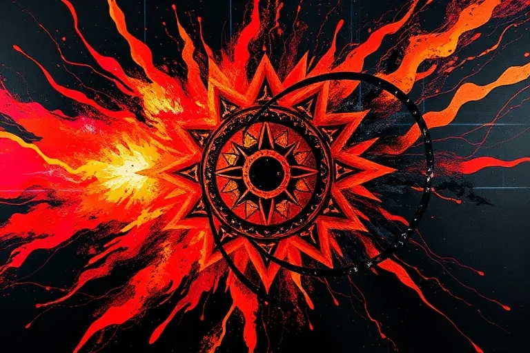 Conceptual art painting depicting abstract, raw energy bursting forth in red, orange, and black strokes, forming dynamic pathways.