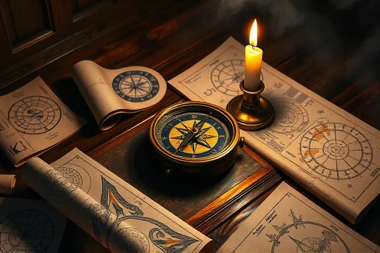 An antique compass pointing resolutely north on a weathered wooden desk, surrounded by scattered blueprints and a single, burning candle, dramatic chiaroscuro lighting.