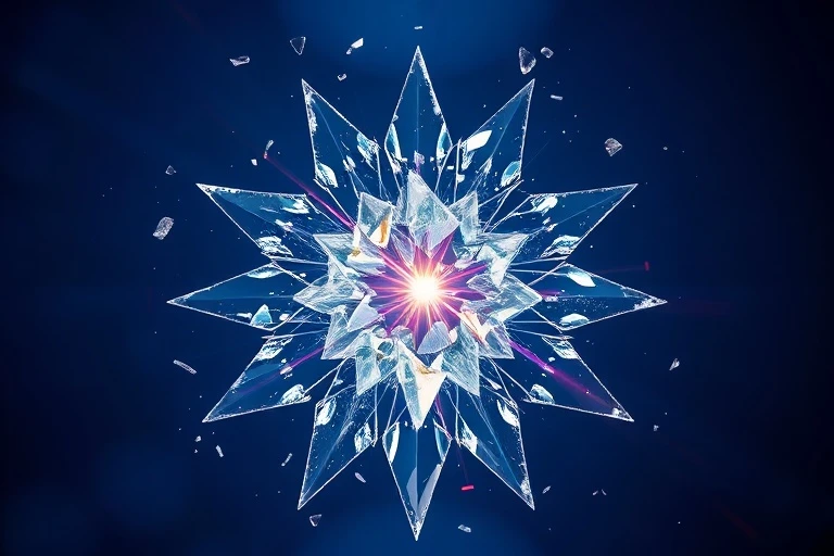 A shattered glass sculpture representing conflict and resolution, with shards reflecting light in sharp angles, set against a soft, diffused background, symbolizing the assertion of will and its consequences.
