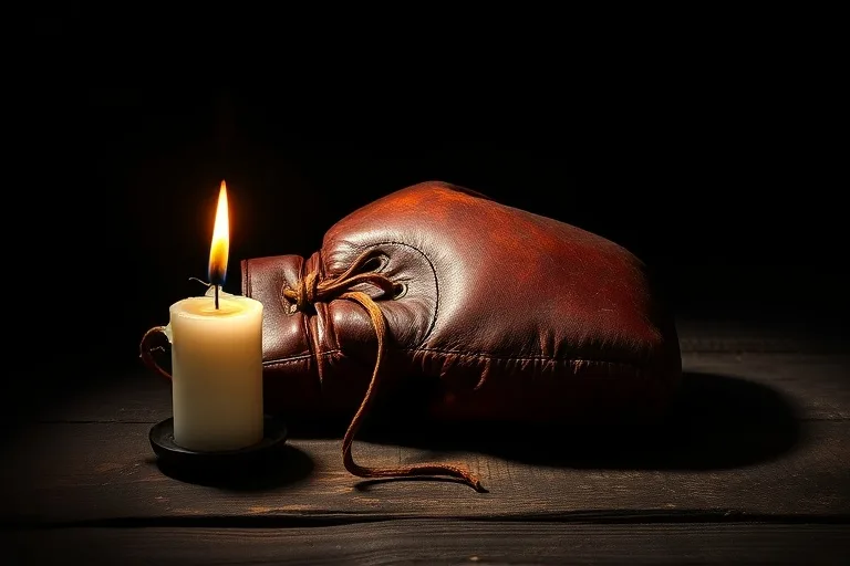 Cinematic still life of a vintage, worn boxing glove on a wooden surface next to a half-burnt candle, dramatically lit.