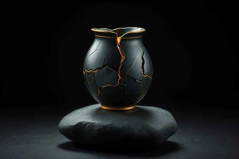 Conceptual art of a shattered ceramic vase reassembled with golden Kintsugi lines, placed on a dark stone, symbolizing conflict resolution.