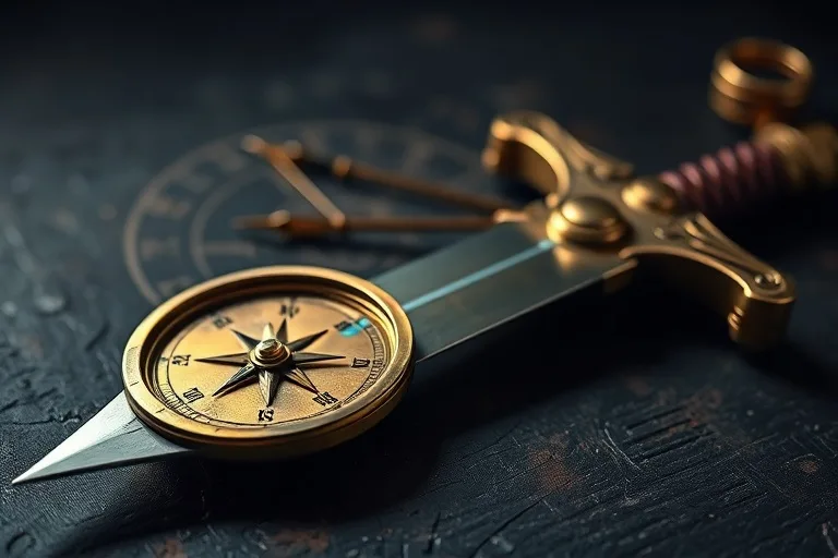 Still life of an antique compass and gladius sword