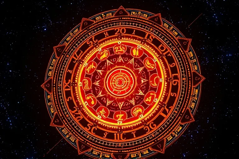 3D illustration of a cosmic clockwork with zodiac gears