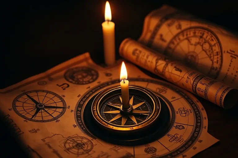 A vintage brass compass surrounded by old maps and a burning candle, symbolizing direction and sustained effort.