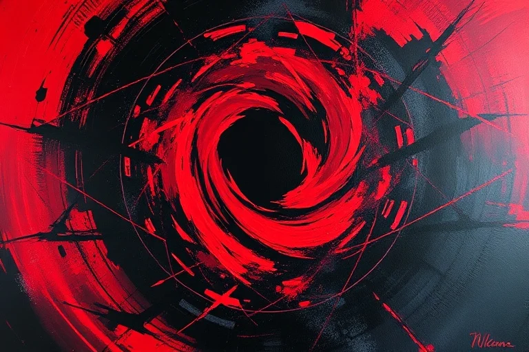 Abstract painting of a powerful, swirling vortex of crimson and charcoal, with sharp, angular lines.