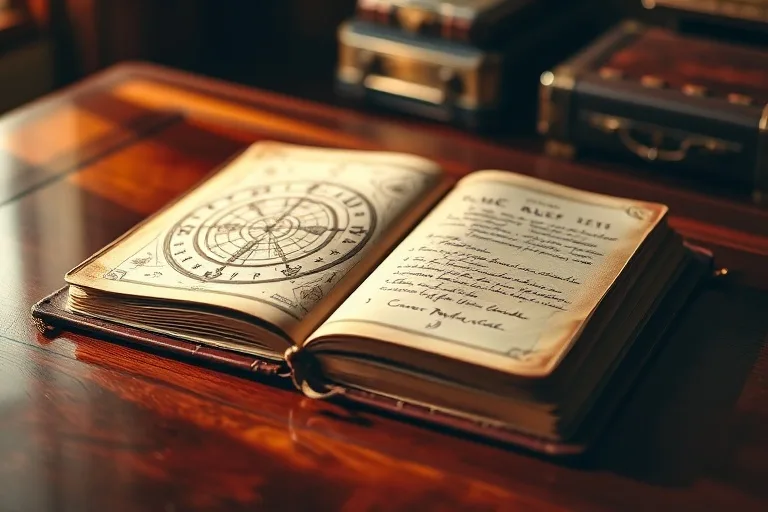 A vintage, brass-bound journal open to a page with intricate astrological charts and handwritten notes, resting on a polished mahogany desk.