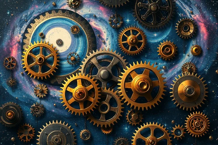 A fragmented mosaic of gears and cogs, some interlocking smoothly, others misaligned, against a backdrop of a cosmic nebula.