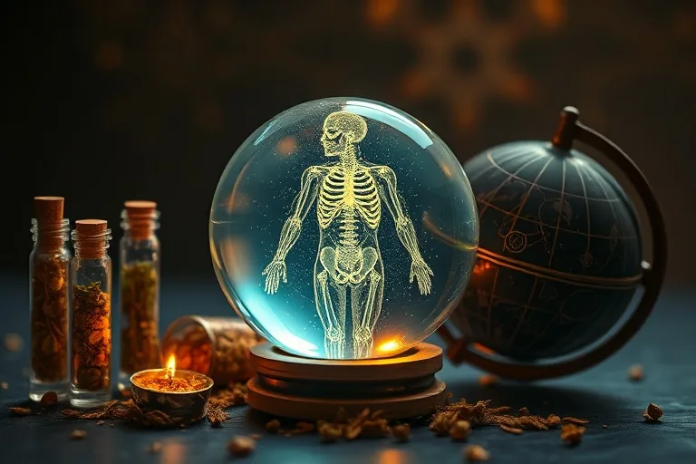 A crystal ball reflecting a human anatomical diagram, surrounded by medicinal herbs in vials and a celestial globe, all glowing softly.