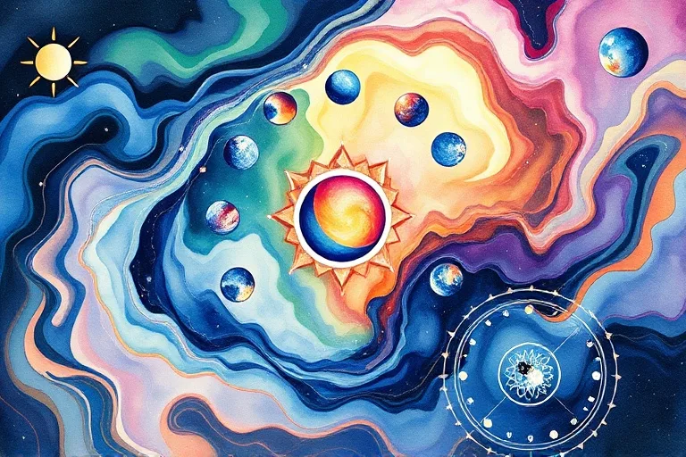 Abstract watercolor painting with swirling, vibrant colors representing chakras merging with astrological planetary symbols, evoking flow and interconnectedness.