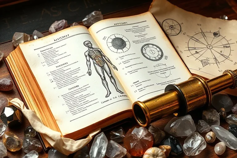 Still life photograph of an antique medical anatomy book open to a page on organs, surrounded by various crystals, a brass telescope, and a parchment with astrological symbols.