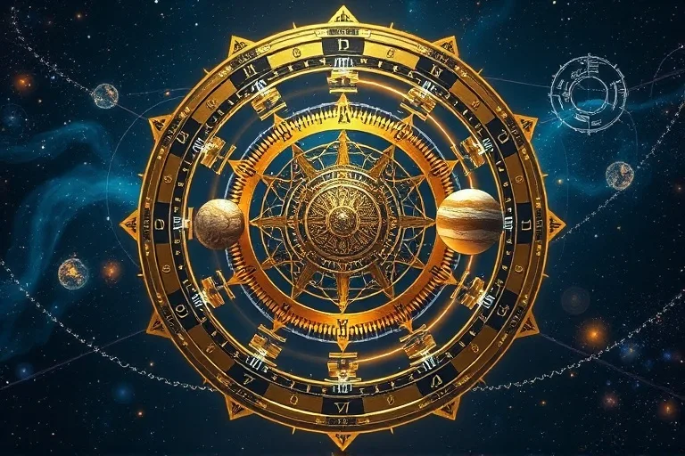 Conceptual art depicting interconnected gears and clockwork mechanisms, symbolizing planets, with glowing lines extending to abstract body systems against an ethereal blue background.