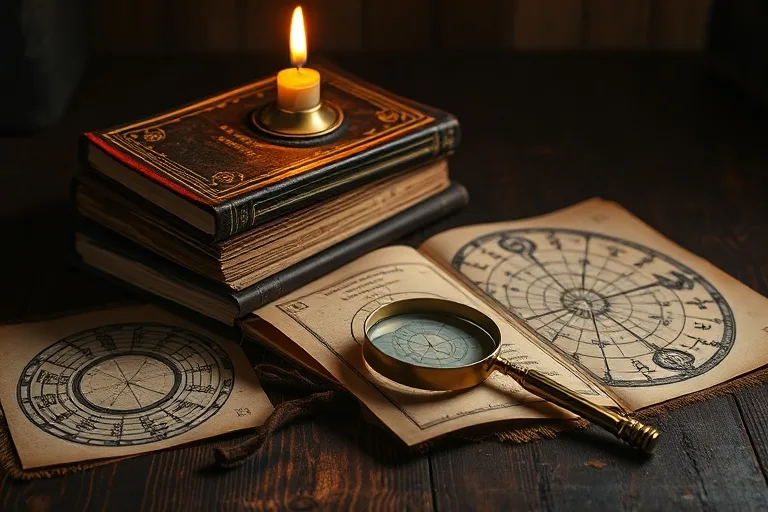 Ancient medical texts and astrological charts with a flickering candle and magnifying glass, symbolizing historical health wisdom.