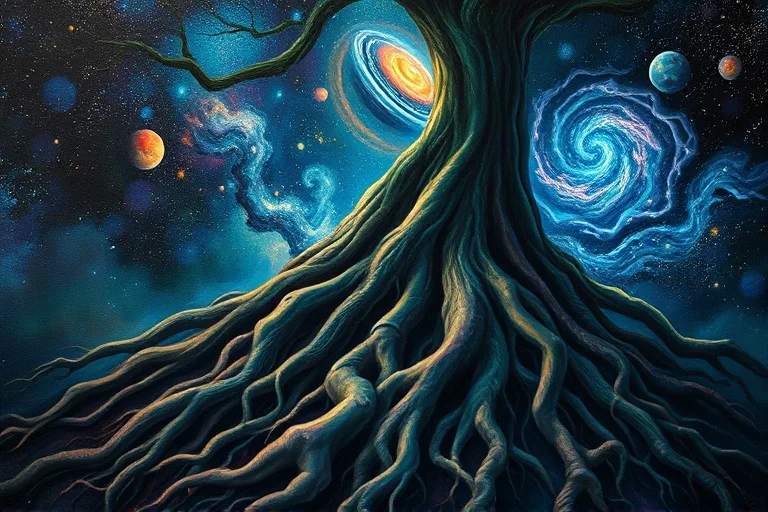 Conceptual art of intertwining tree roots reaching towards abstract planets and stars, symbolizing the connection between nature, well-being, and cosmic patterns.