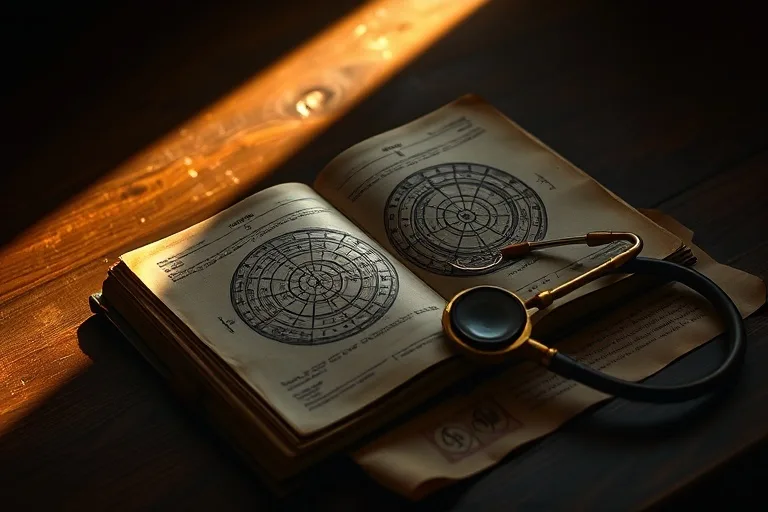 Cinematic still life photograph of an antique, leather-bound astrology book open to a page with a complex natal chart diagram, illuminated by a single beam of light. Beside it, a vintage stethoscope rests on a scroll of ancient medical symbols.