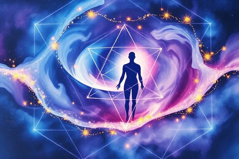 Abstract watercolor painting depicting swirling cosmic energies in shades of deep blue, purple, and gold, subtly forming the outline of a human figure. Delicate lines representing energy pathways and chakra points are visible. Ethereal and flowing style, no sharp edges.
