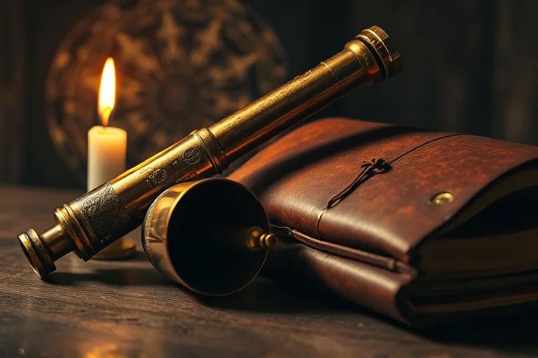 Cinematic still life of an antique brass telescope next to a leather-bound medical journal, illuminated by candlelight, focusing on historical textures.