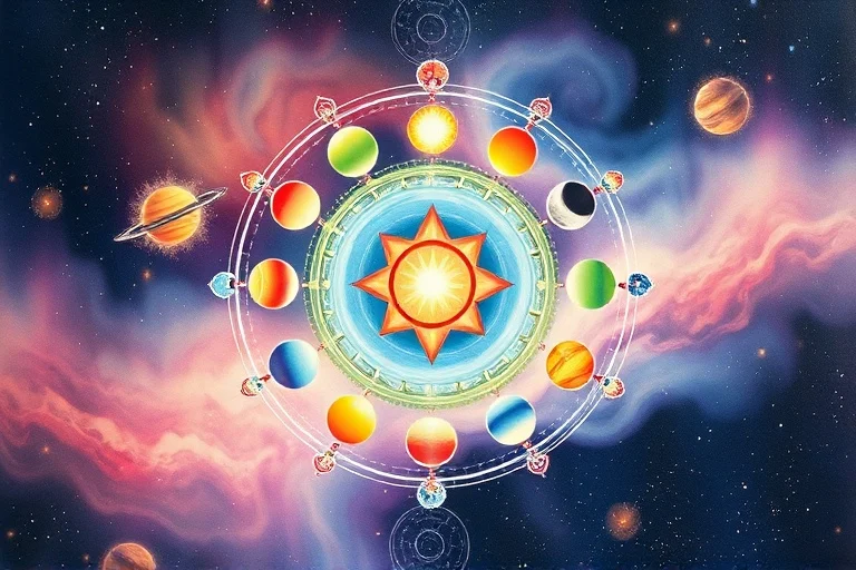 Watercolor painting of human energy centers (chakras) interconnected with planetary symbols, flowing with luminous colors against a nebula background, no human figures.