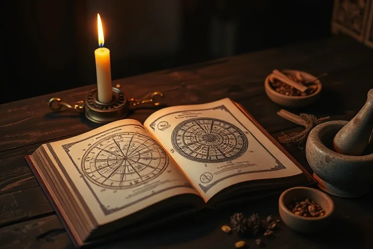 Vintage photography of an ancient medical manuscript open on a weathered wooden desk, illuminated by a single flickering candle. Beside it, a collection of dried herbs, a mortar and pestle, and a small, intricate astrolabe. The scene evokes historical study and the blending of ancient knowledge.