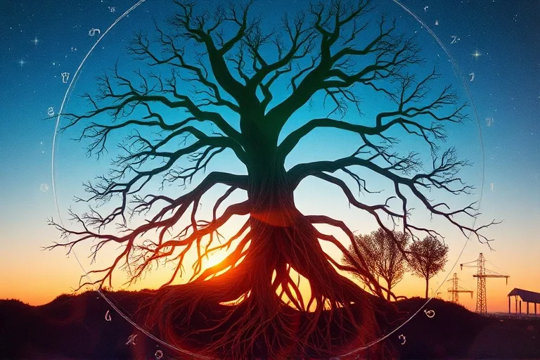 Conceptual abstract art, a vibrant watercolor painting depicting intertwining roots and branches forming a complex network, symbolizing the interconnectedness of bodily systems and celestial influences. Colors are earthy yet vibrant, with subtle cosmic dust effects.