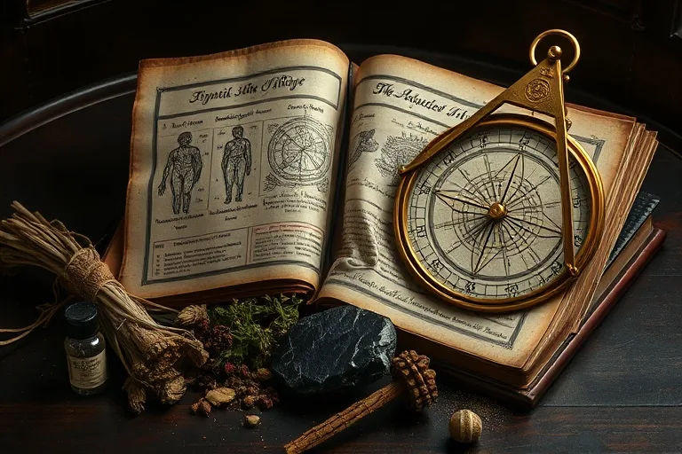 Still life of an antique medical book with anatomical diagrams, astrolabe, and dried herbs on a dark wooden table