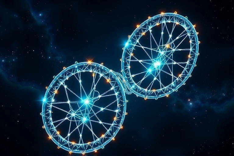 Abstract conceptual art of energy lines and geometric patterns forming a DNA helix intertwined with astrological glyphs