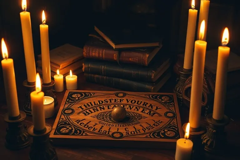 Antique Ouija board with candles and old books