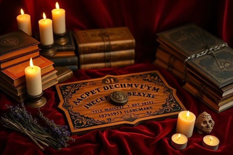 Antique Ouija board on velvet, illuminated by candlelight, surrounded by old books and dried herbs, symbolizing tools of spiritual communication.
