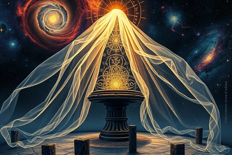 Translucent veil shimmering over a pedestal, with glowing energy patterns, against a cosmic background, representing the ethereal boundary.