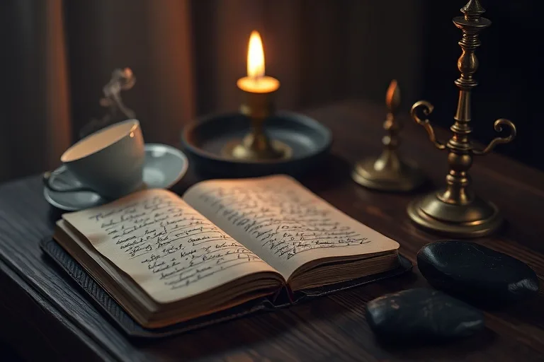 Vintage leather journal open on a dimly lit wooden desk, with handwritten notes, a tea cup, flickering candle, and obsidian stone. Softly blurred background.