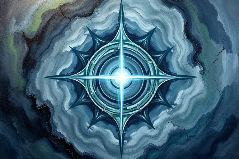 Abstract oil painting with swirling layers of gray, indigo, and muted green, with subtle cracks and a bright iridescent line cutting through the center.