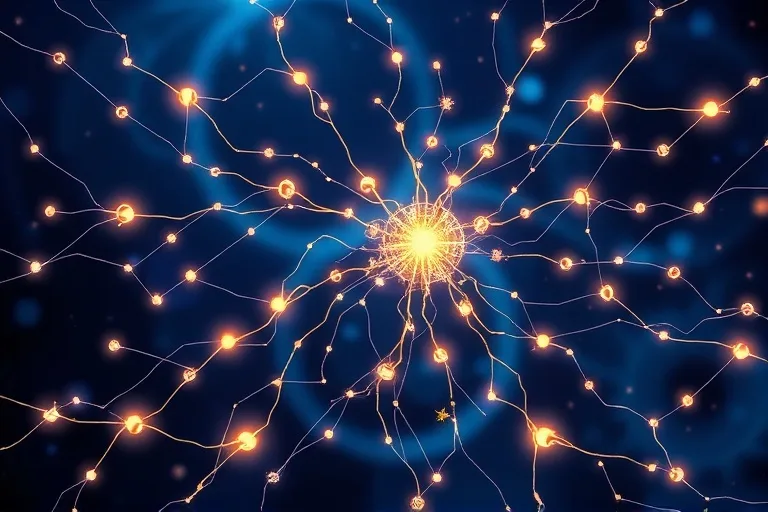 Intricate neural pathways forming a glowing network with astrological glyphs.