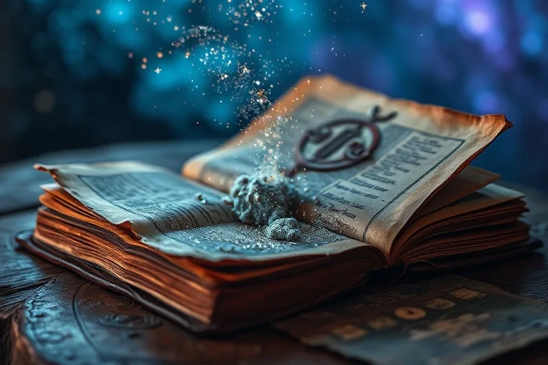 Ancient book with pages transforming into cosmic dust and stars.