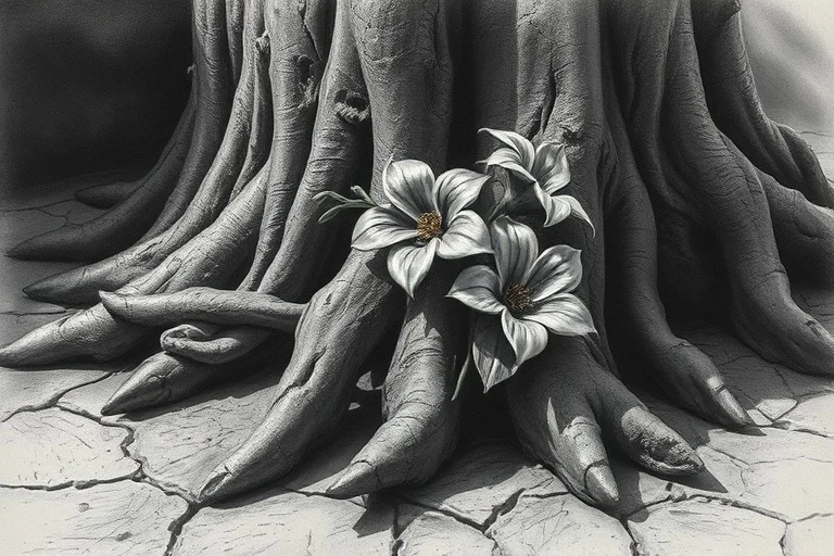 Gnarled tree root breaking concrete with metallic flowers