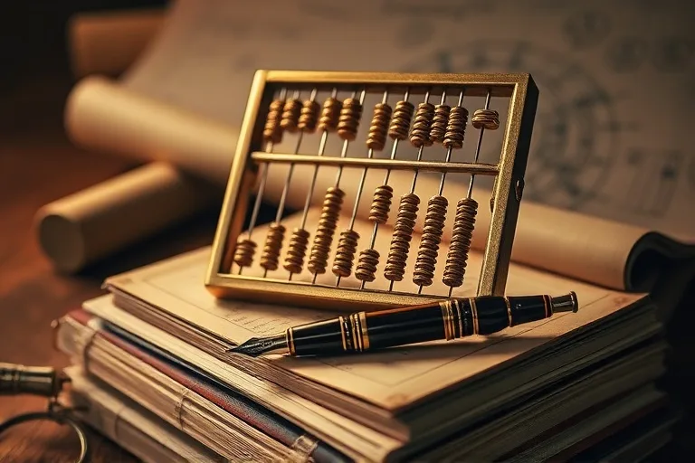 Antique brass abacus on aged ledgers with a vintage fountain pen and blueprint, symbolizing financial acumen.