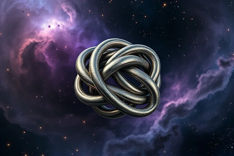 Intertwined metallic threads forming a complex, resilient knot against a backdrop of swirling cosmic dust, representing intricate destiny.