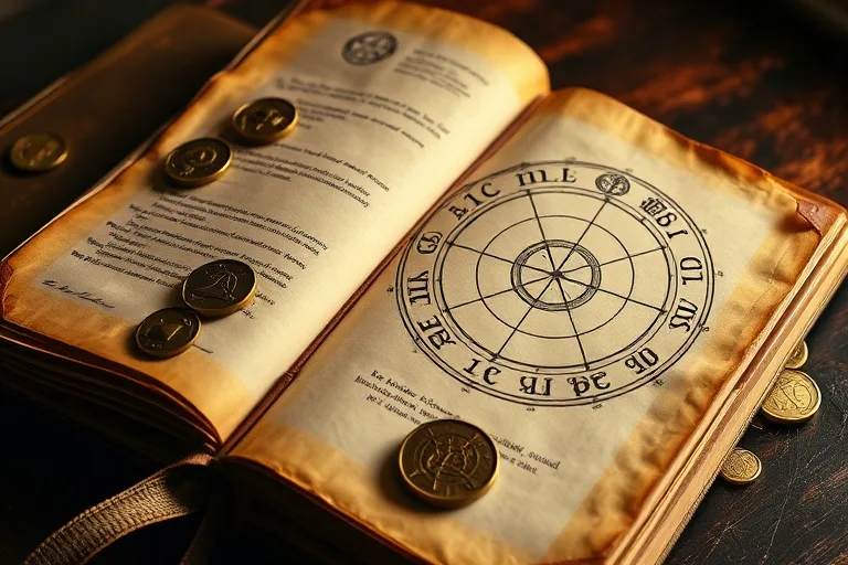 Vintage journal with astrological chart and ancient coins.