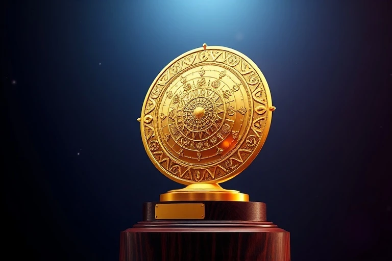 A highly detailed 3D render of a golden trophy adorned with astrological symbols, placed on a dark wooden pedestal, representing public recognition and professional achievement.
