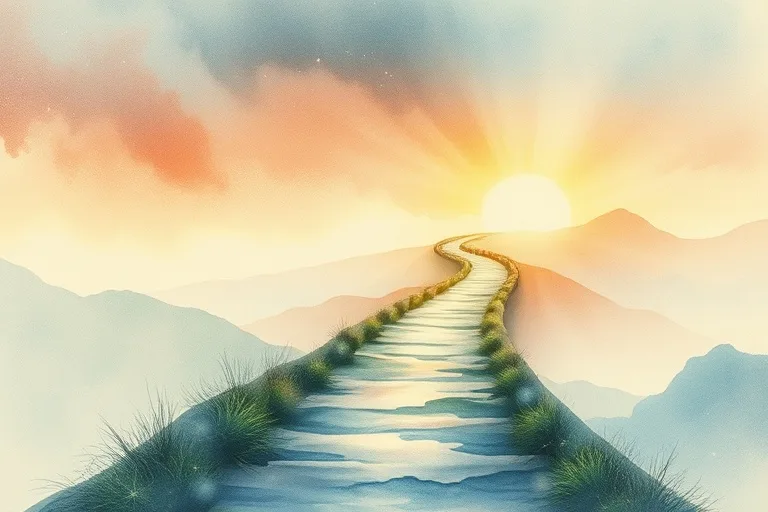 An ethereal watercolor painting depicting a winding, illuminated path leading to a shimmering light on the horizon, symbolizing destiny and evolving purpose.