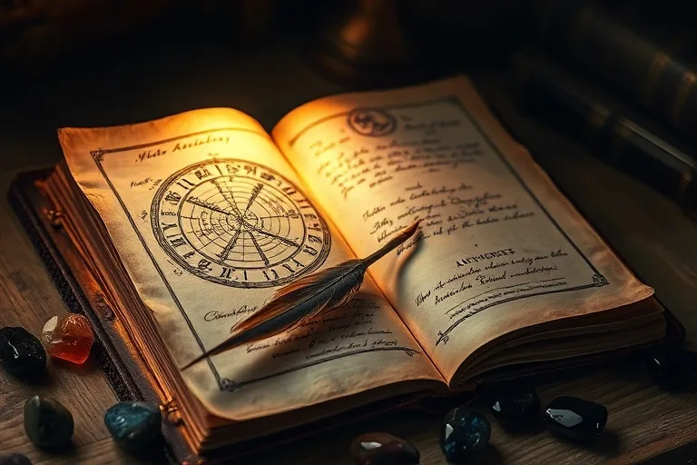 A weathered, open journal with intricate astrological diagrams and handwritten notes, illuminated by a single, soft beam of light. Beside it, a quill pen and a scattering of antique, polished gemstones, suggesting deep study and personal reflection on life's path. Focus on texture and atmospheric lighting.