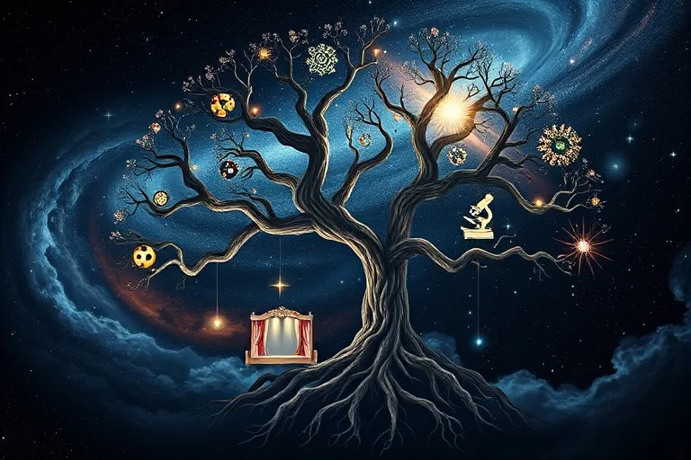 An abstract representation of a branching tree with roots extending into a cosmic void and branches reaching towards a constellation of glowing vocational symbols (e.g., a miniature stage, a tiny microscope, a small gavel), symbolizing the growth and diverse paths of one's career and destiny. Smooth, ethereal lighting.
