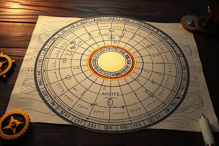 A stylized, glowing blueprint of a celestial chart unfolding on an antique wooden desk, with intricate gears and cogs representing the mechanics of destiny. The Midheaven (MC) symbol is prominently displayed, illuminated by soft, warm light.