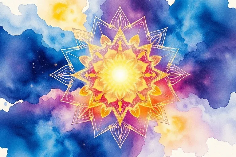 An abstract watercolor painting depicting a soul's journey, with flowing, interconnected brushstrokes forming a path leading towards a distant, radiant light. The colors transition from deep blues and purples to bright golds and whites, symbolizing transformation and purpose.