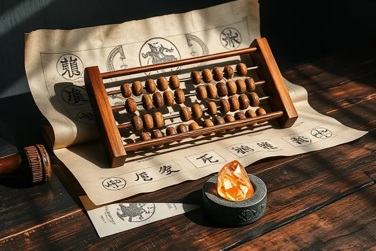 Ancient Chinese abacus on a weathered wooden table, surrounded by a scroll with abstract Feng Shui symbols and a small, glowing crystal, dramatic lighting, deep shadows, macro photography.